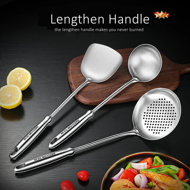 LFGB Certificated 304 Stainless Steel Spatula and Spoon Heat Insulation Hollow Handle Cookware Kitchen Utensil for Family