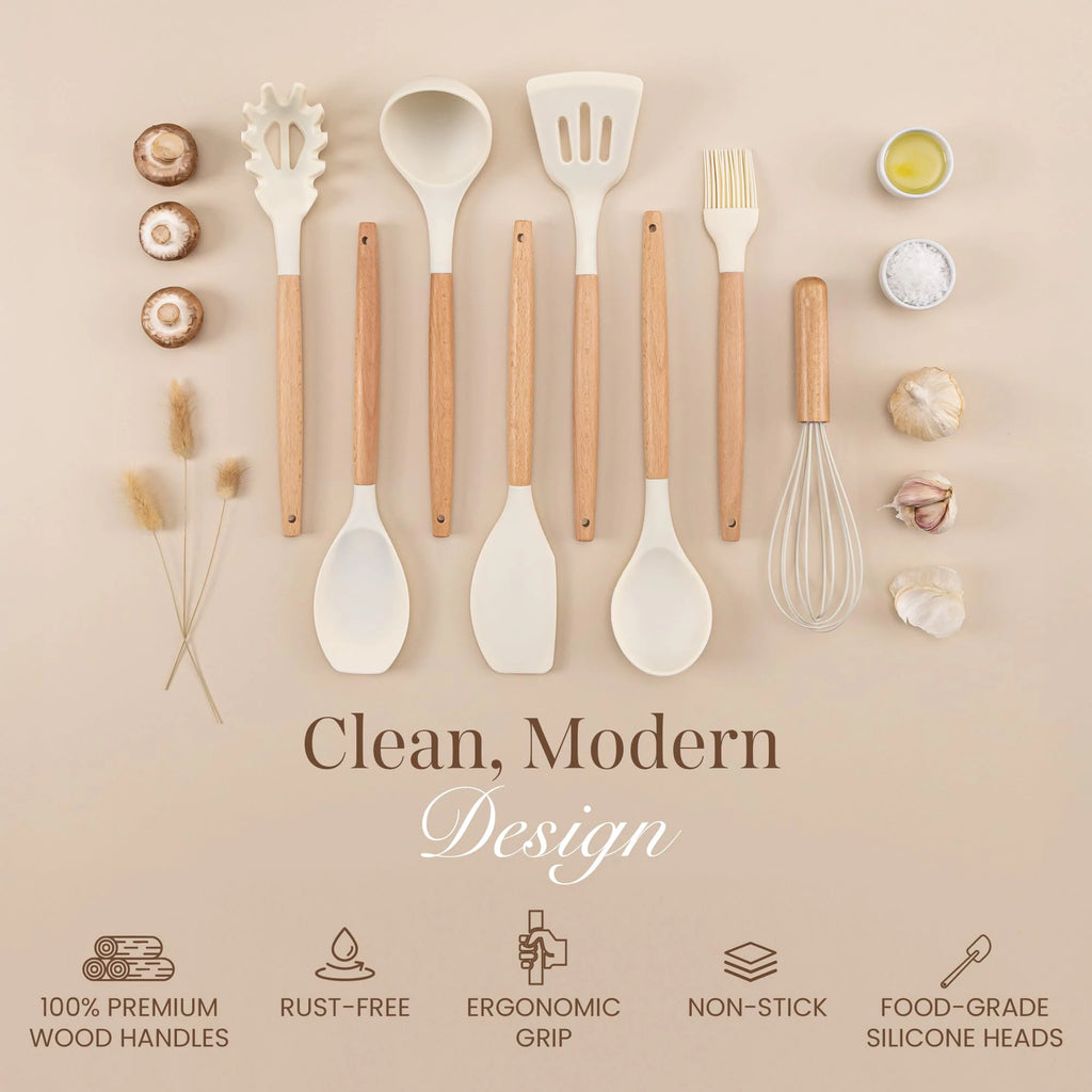 Professional 10 piece kitchen silicone spatula set wooden ladle egg beater, oil brush, barbecue clamp, scraper, kitchen utensils