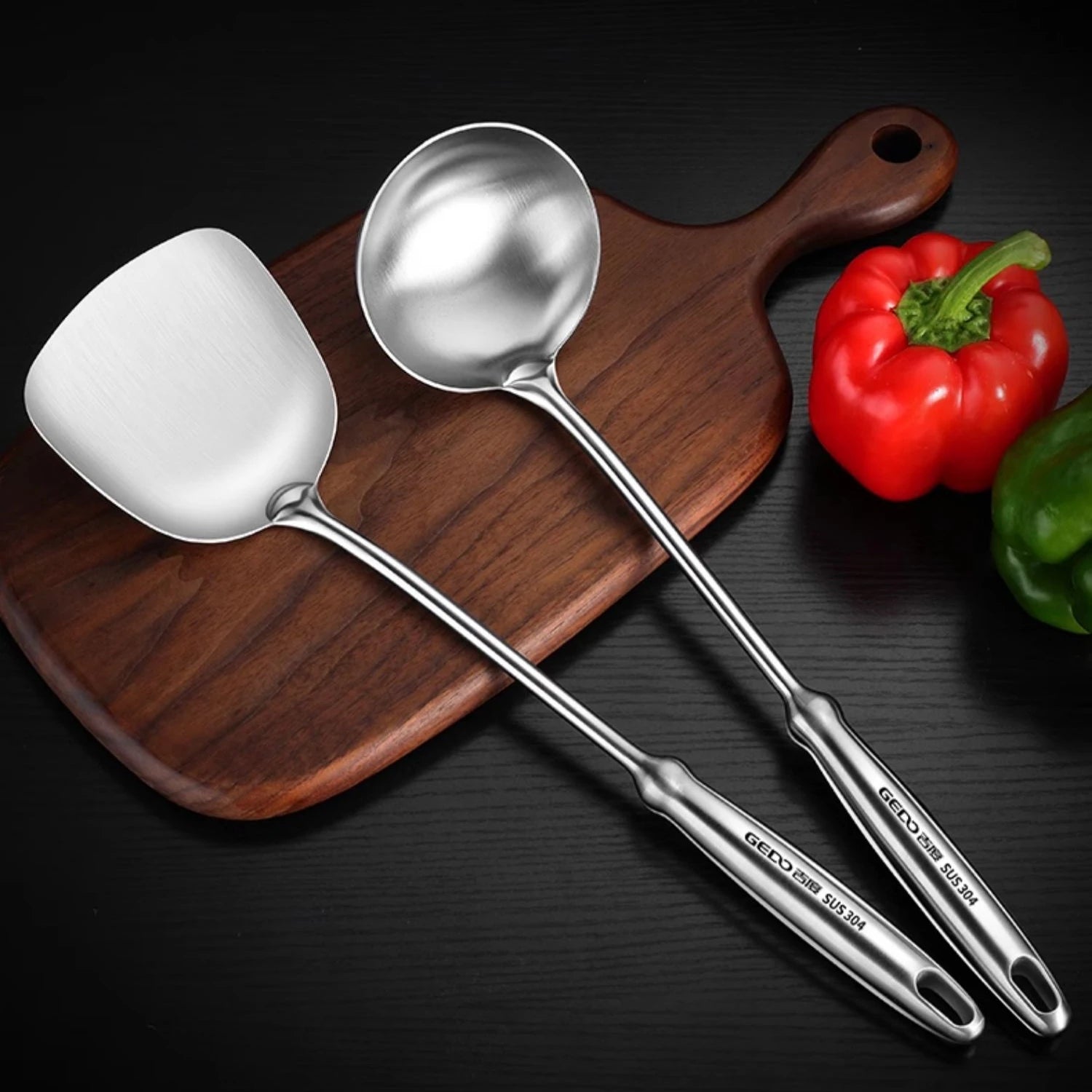 LFGB Certificated 304 Stainless Steel Spatula and Spoon Heat Insulation Hollow Handle Cookware Kitchen Utensil for Family