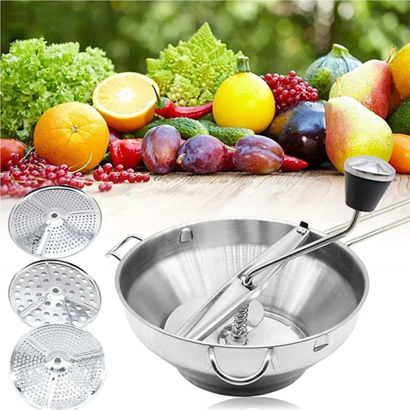 Vegetable Mill Stainless Steel Food Rotary Mill Strainer Potato Strawberry Jam Grinder Garlic Press Masher with 3 Milling Disc